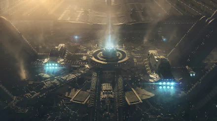 A futuristic sci-fi cityscape featuring a central building emitting a bright beam, surrounded by aircraft and illuminated structures in a high-definition PC desktop wallpaper.