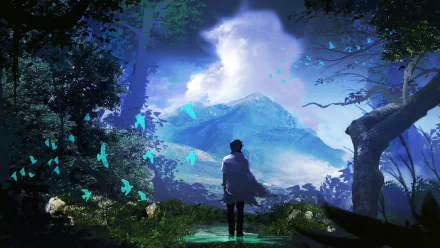 A fantasy landscape featuring a lone figure standing in a mystical forest, surrounded by glowing blue birds, with towering mountains and dramatic clouds in the background. HD PC wallpaper.