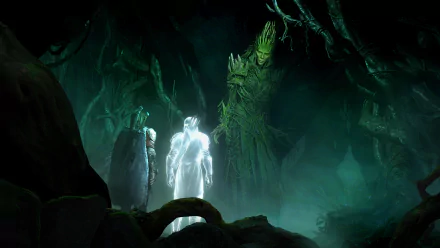 HD wallpaper from the video game Middle-earth: Shadow of War, depicting mystical characters in an eerie, forested scene.