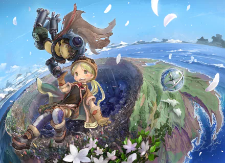 HD wallpaper featuring Riko and Regu from the anime Made in Abyss. The characters are depicted against a vibrant and expansive landscape, with intricate details and a dynamic composition.