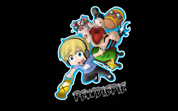 HD desktop wallpaper featuring a stylized illustration of an animated character with the text PewDiePie on a dark background.