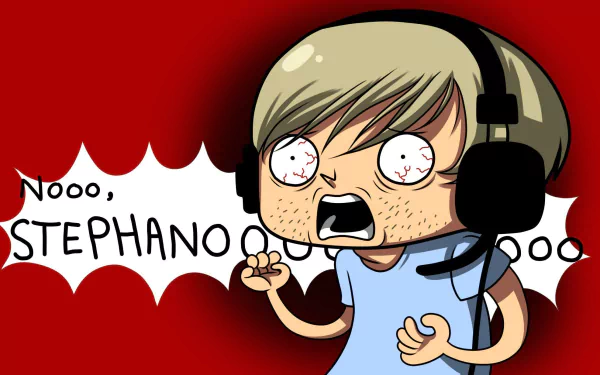 HD desktop wallpaper featuring an animated character with headphones shouting Nooo, STEPHANO on a red background.