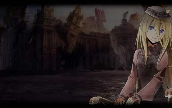 HD PC desktop wallpaper featuring Dr. Rachel Claudius from the video game God Eater 2 Rage Burst, set against a dark, ruined cityscape background.