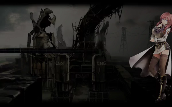 HD PC video game wallpaper: God Eater 2 Rage Burst scene — ruined industrial skyline with LNG tanks, pipes and a looming mechanical tendril, pink‑haired armored female character at right.