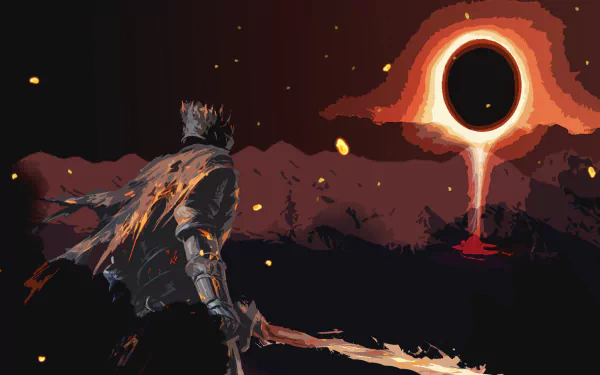 HD PC desktop wallpaper featuring a Dark Souls III scene with a warrior facing a fiery, eclipsed sun over a dark, fiery landscape.