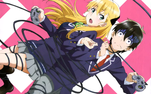 HD anime wallpaper featuring Keita Amano and Karen Tendou from 'Gamers!', with a vibrant background showing them tangled in gaming controller cords.