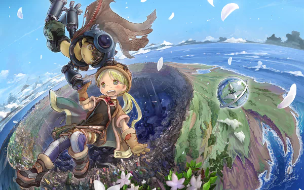 HD wallpaper featuring Riko and Regu from the anime Made in Abyss. The characters are depicted against a vibrant and expansive landscape, with intricate details and a dynamic composition.
