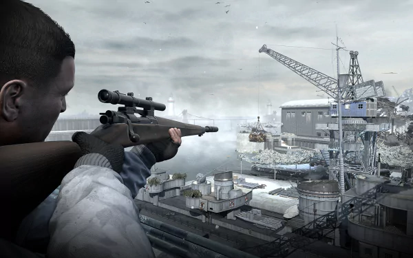 Sniper Elite 4 video game HD PC desktop wallpaper and background: a sniper aims through a scoped rifle across a foggy industrial port with cranes and ships.