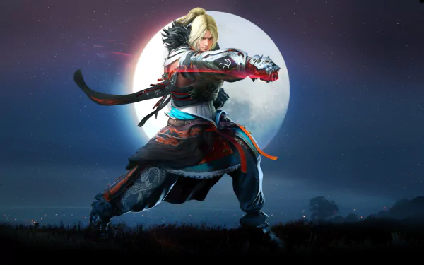 Black Desert Online video game HD PC desktop wallpaper/background: armed warrior in a dynamic samurai pose before a glowing full moon over a misty field.