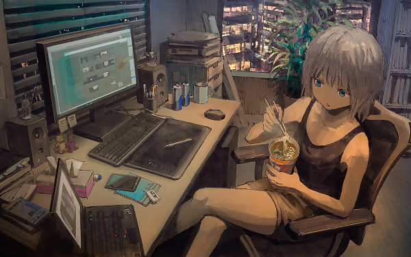 Anime Original Ramen Blue Eyes White Hair Short Hair Shorts Laptop Room Tablet HD Wallpaper | Background Image