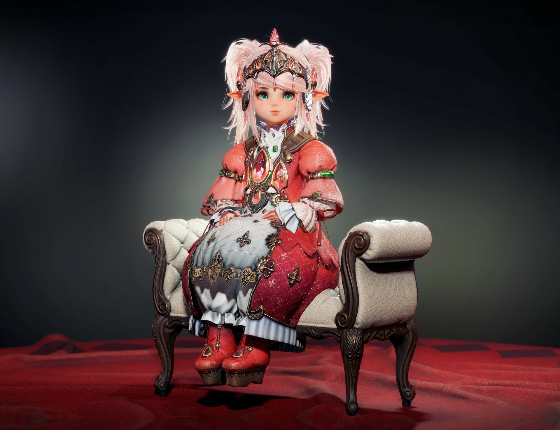 HD desktop wallpaper featuring a detailed character from the video game Final Fantasy XIV, dressed in intricate fantasy attire and seated on a classic upholstered bench.
