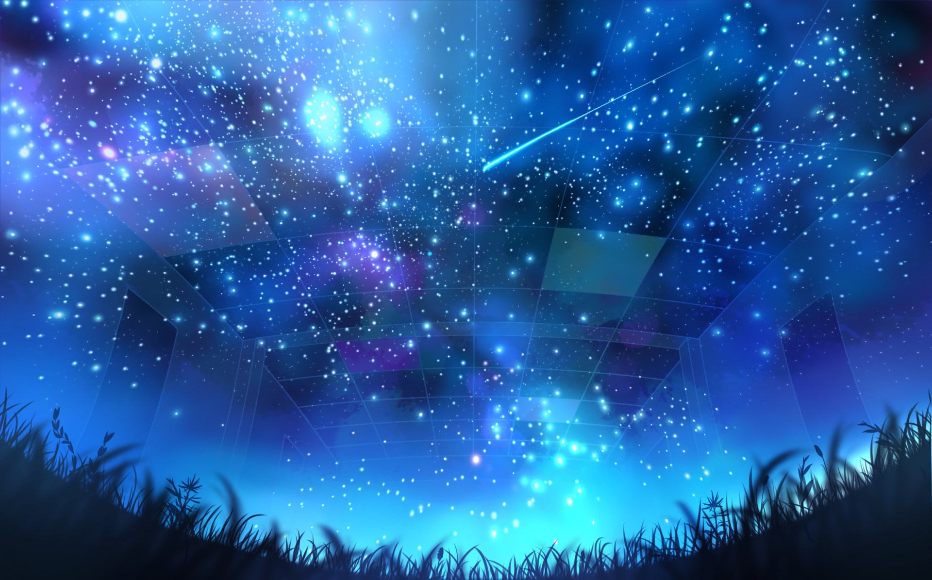 Anime-style HD desktop wallpaper depicting a night sky filled with stars, a glowing comet, and light effects above silhouetted grass.
