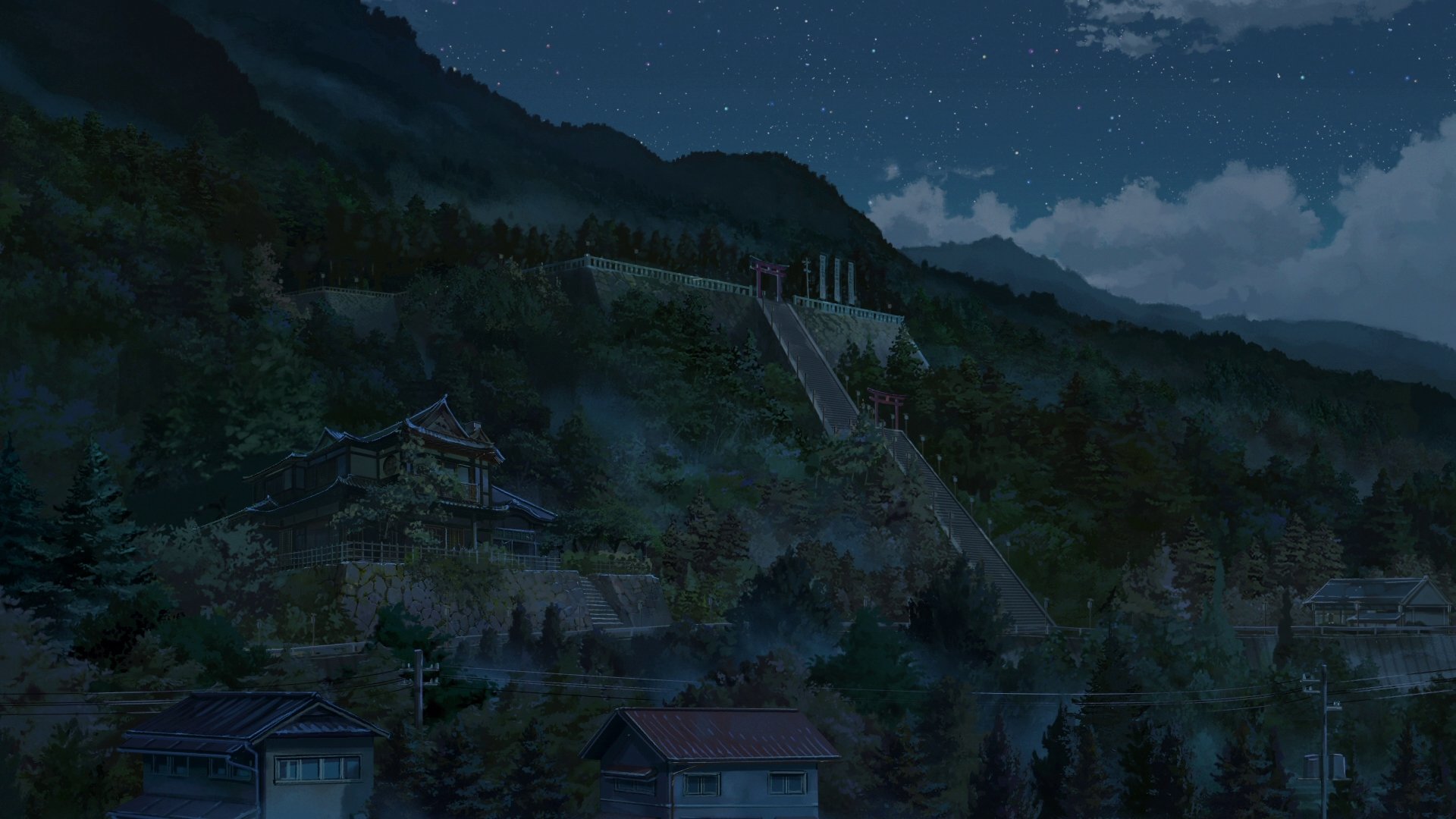 A serene night scene from the anime Your Name. featuring a shrine nestled in the mountains under a cloudy sky, rendered in stunning 4K Ultra HD detail.