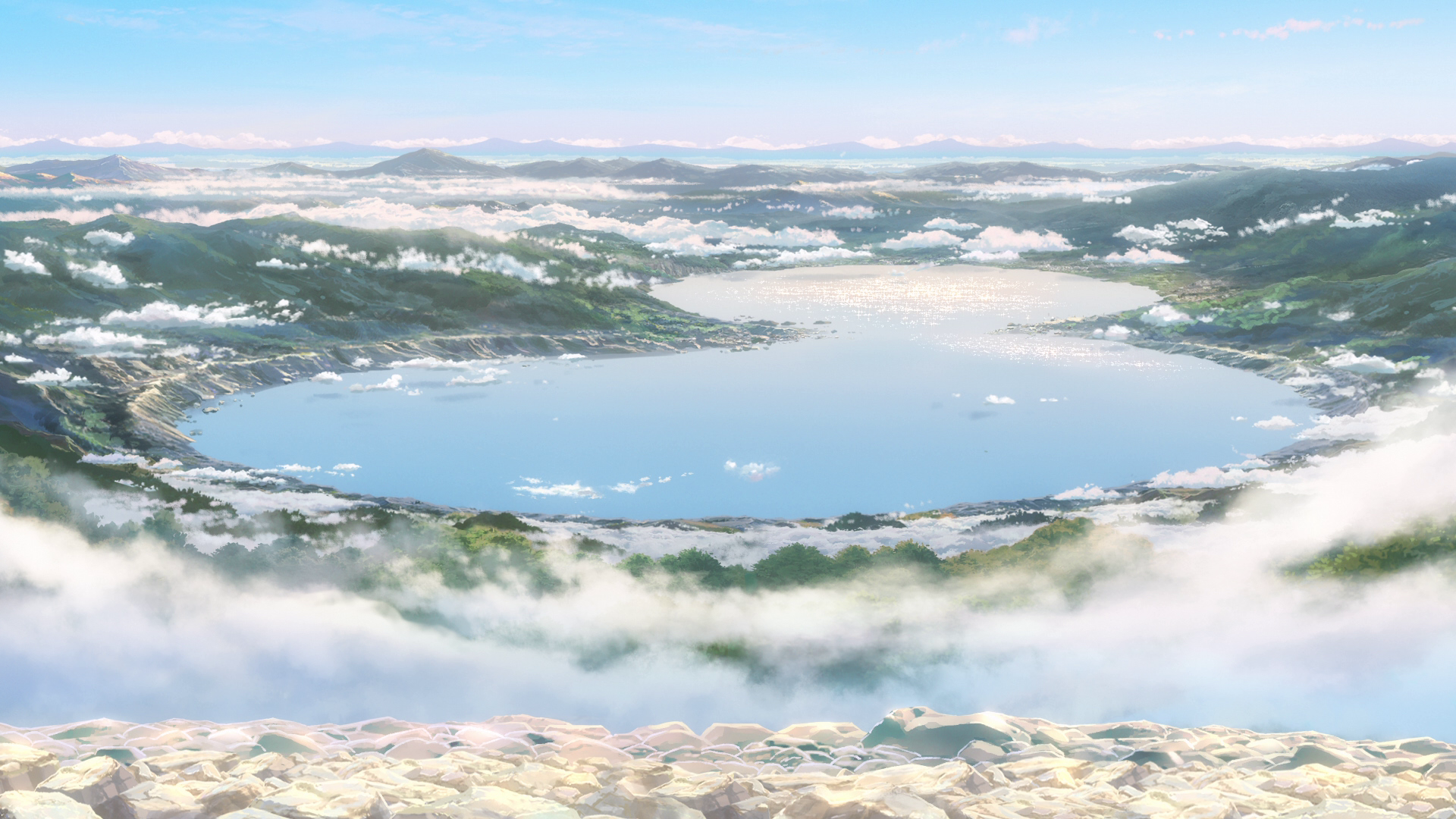 HD anime desktop wallpaper from Your Name. featuring a serene lake surrounded by mountains under a clear blue sky with scattered clouds.