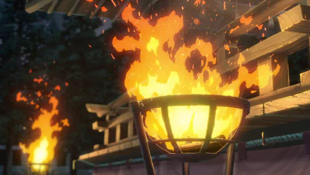 Anime torch with roaring fire lighting wooden buildings at night — scene from Your Name. 4K Ultra HD PC desktop wallpaper and background.