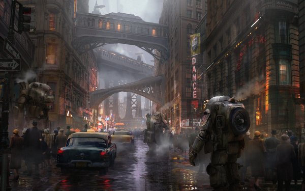 Sci Fi Dieselpunk City Crowd Robot Car Building HD Wallpaper | Background Image