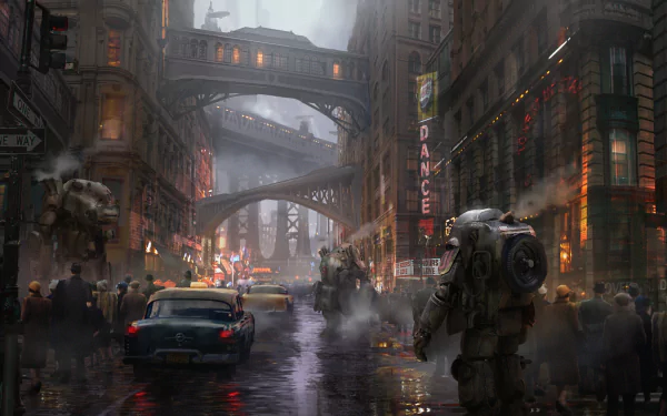 building car robot crowd city Sci Fi dieselpunk sci fi city HD Desktop Wallpaper | Background Image
