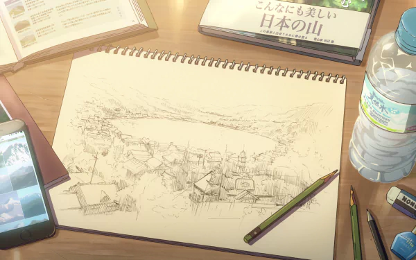 A detailed sketch of a landscape fills a sketchbook on a wooden desk. Surrounding it are art supplies, a water bottle, and a smartphone, creating an inviting artistic setup. Background tag: Your Name, Anime.