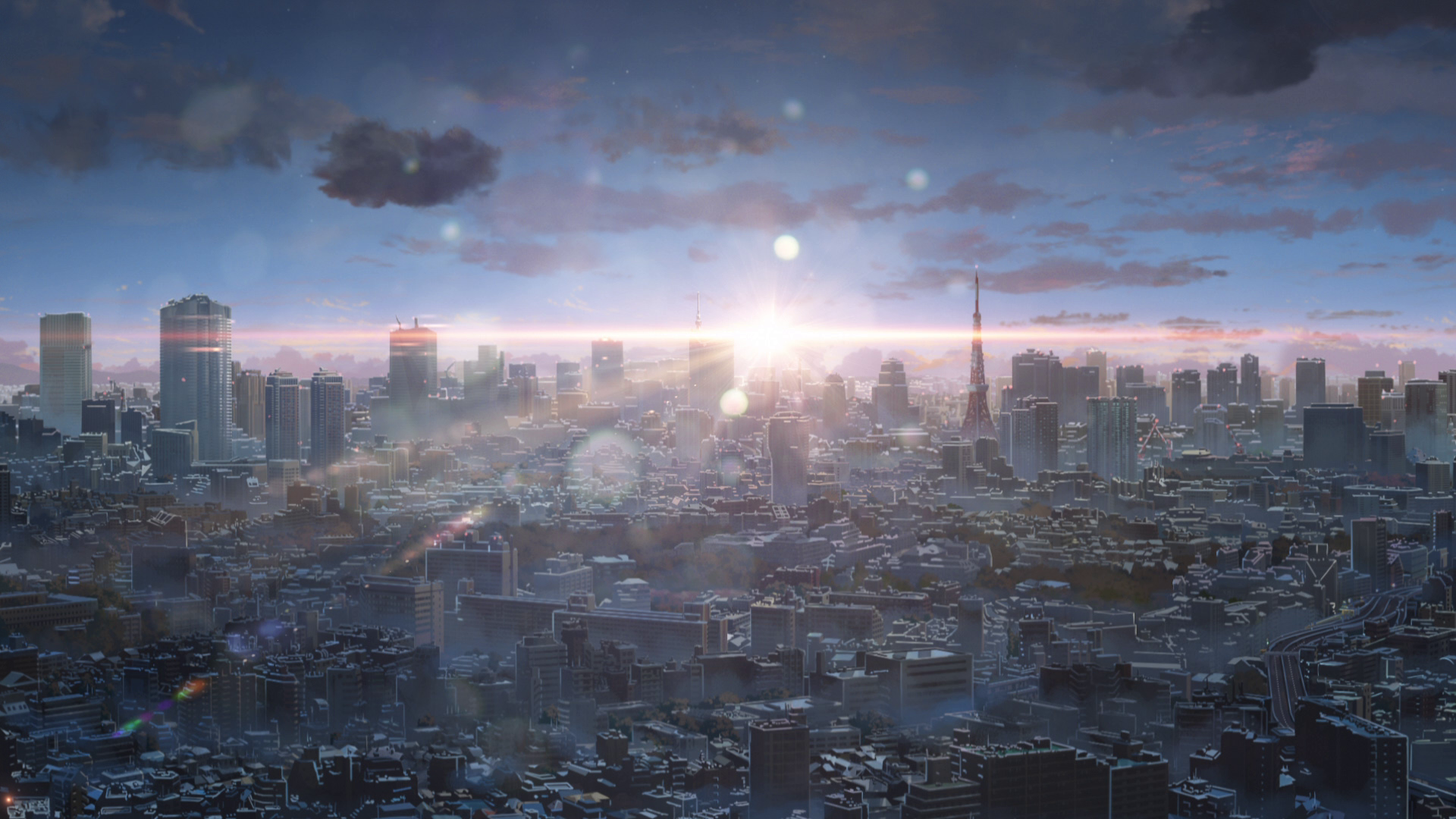 HD desktop wallpaper featuring an anime cityscape at dawn from Your Name., with sunlight streaming over the buildings.