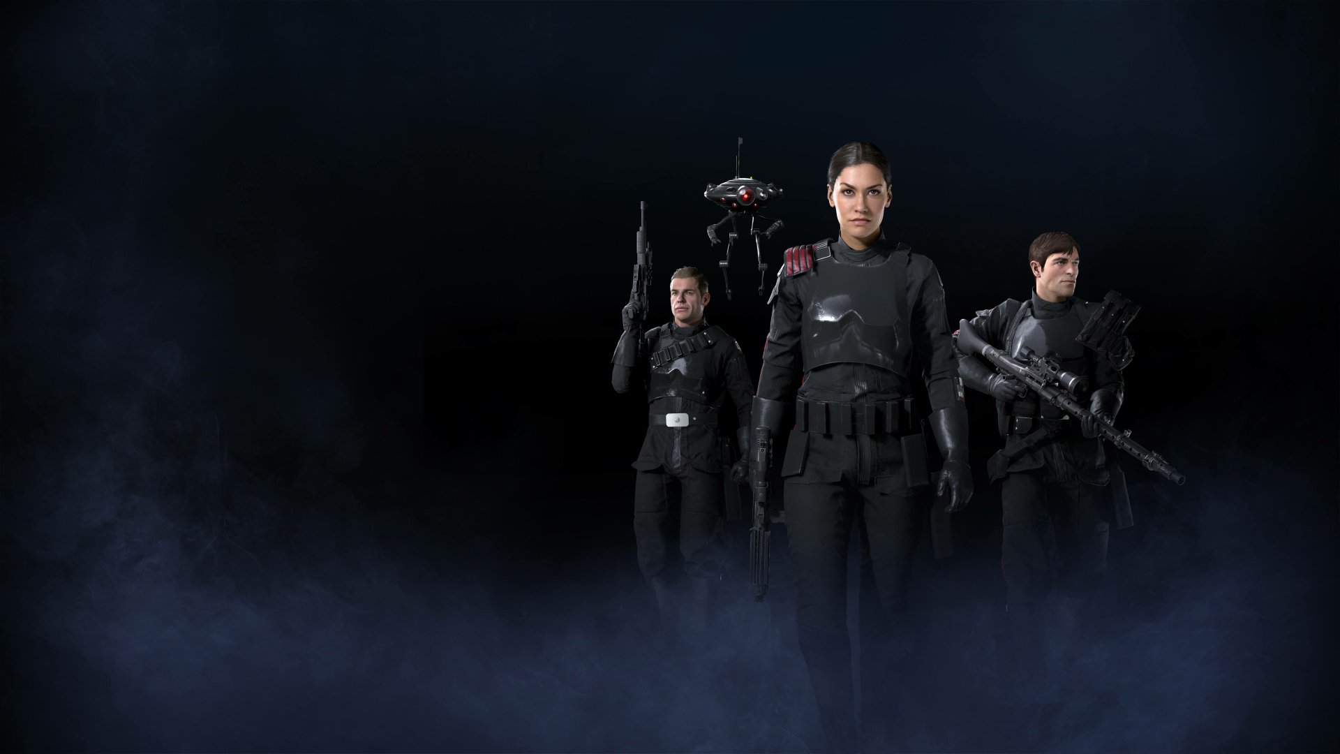 4K Ultra HD PC wallpaper featuring characters from the video game Star Wars Battlefront II (2017) standing in dark, smoky surroundings with weapons.