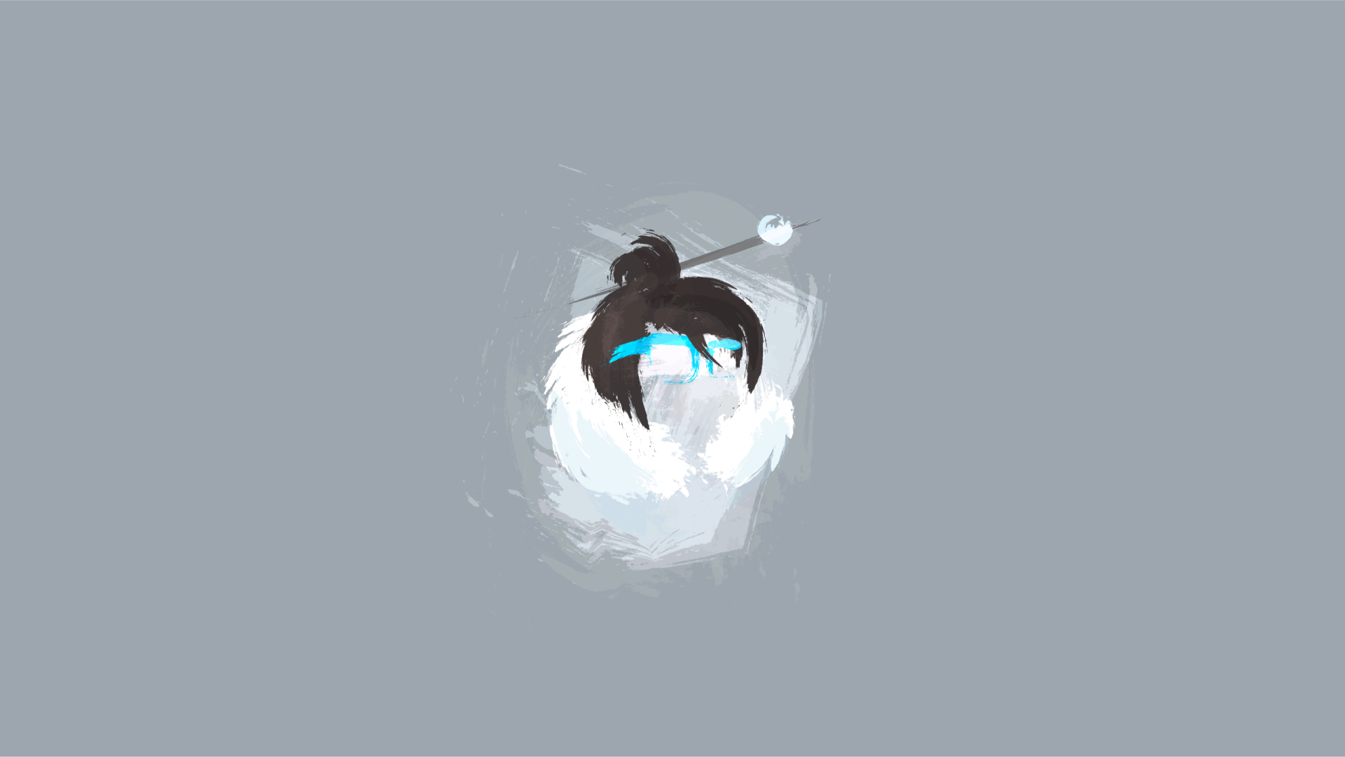 Mei from Overwatch, a video game character, perched on a snowball against a muted gray backdrop — minimalist 2K Quad HD PC desktop wallpaper.