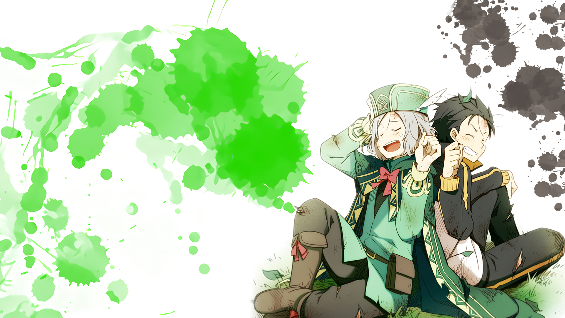 HD PC wallpaper showing Otto Suwen and Subaru Natsuki from Re:Zero − Starting Life in Another World, laughing together on a white background with green and black paint splatters.