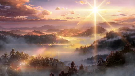 HD desktop wallpaper of a breathtaking anime landscape from Your Name, featuring a stunning sunrise over misty mountains and forest, with warm light creating a serene and magical atmosphere.