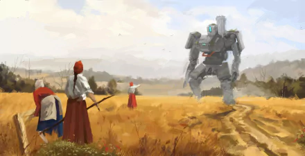 HD desktop wallpaper featuring Bastion from the video game Overwatch, standing in a vast, golden field with three figures in traditional clothing observing from a distance.