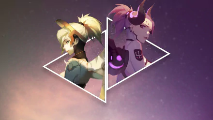 HD desktop wallpaper featuring Mercy from Overwatch. The image displays two versions of the character side by side within geometric shapes, creating a visually striking background for video game fans.
