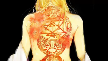 HD PC desktop wallpaper featuring Riza Hawkeye from Fullmetal Alchemist: Brotherhood, showcasing detailed alchemical symbols on her back in vibrant anime style.