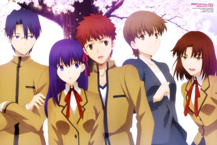 4K Ultra HD desktop wallpaper featuring Shirou Emiya, Sakura Matou, and other characters from Fate/stay Night Movie: Heaven's Feel under cherry blossoms.