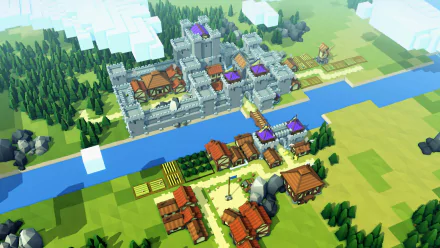 HD wallpaper depicting a vibrant, block-style medieval kingdom with a castle, houses, and river from the game Kingdoms and Castles.
