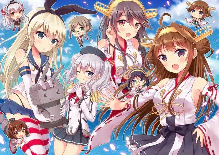 HD PC desktop wallpaper featuring anime characters from Kantai Collection, including Rensouhou-chan, Kirishima, Katori, Hiei, Haruna, Kongou, Kashima, Yukikaze, Shimakaze, and Amatsukaze.