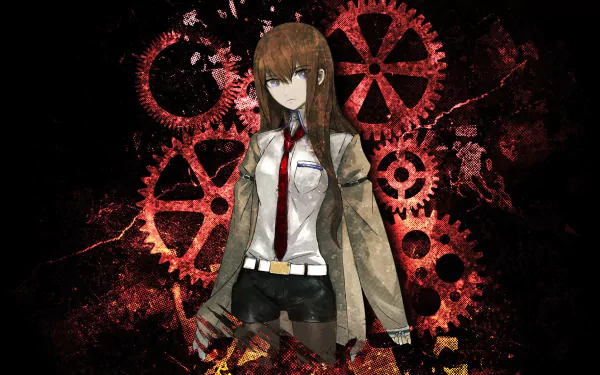 HD desktop wallpaper featuring Kurisu Makise from the anime Steins;Gate, set against a background of intricate red gears and dark abstract elements.