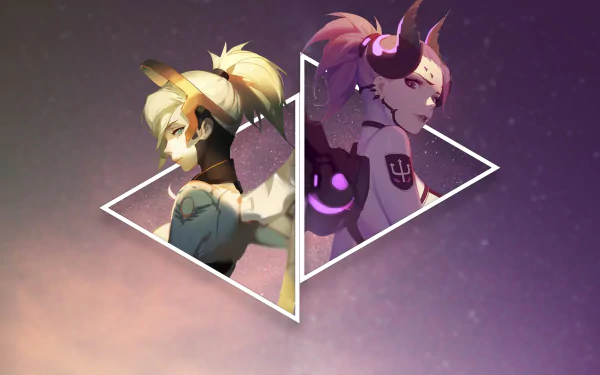 HD desktop wallpaper featuring Mercy from Overwatch. The image displays two versions of the character side by side within geometric shapes, creating a visually striking background for video game fans.