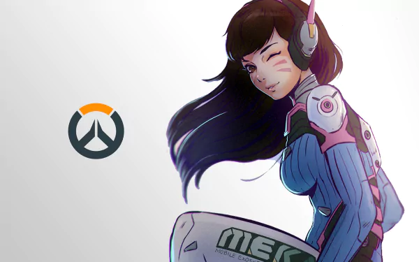 4K Ultra HD wallpaper featuring D.Va from Overwatch, showcasing her in a dynamic pose with the Overwatch logo on a clean, minimalist background.