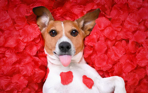 A Jack Russell Terrier lies among vibrant red petals, sticking out its tongue against a rich red petal background.