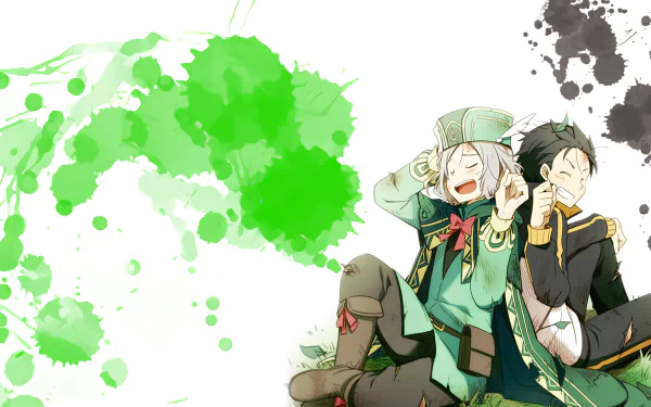 HD PC wallpaper showing Otto Suwen and Subaru Natsuki from Re:Zero − Starting Life in Another World, laughing together on a white background with green and black paint splatters.
