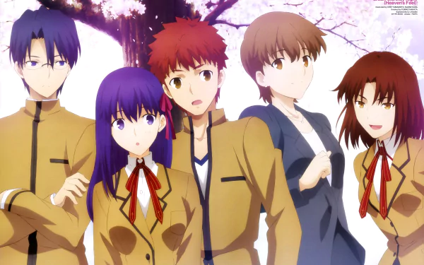 4K Ultra HD desktop wallpaper featuring Shirou Emiya, Sakura Matou, and other characters from Fate/stay Night Movie: Heaven's Feel under cherry blossoms.