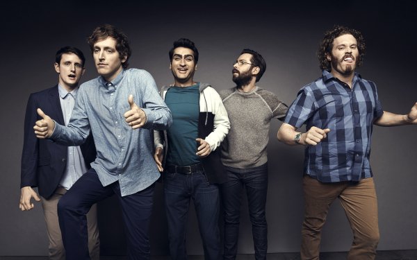HD desktop wallpaper featuring a dynamic group pose of five main characters from Silicon Valley, against a gray background.