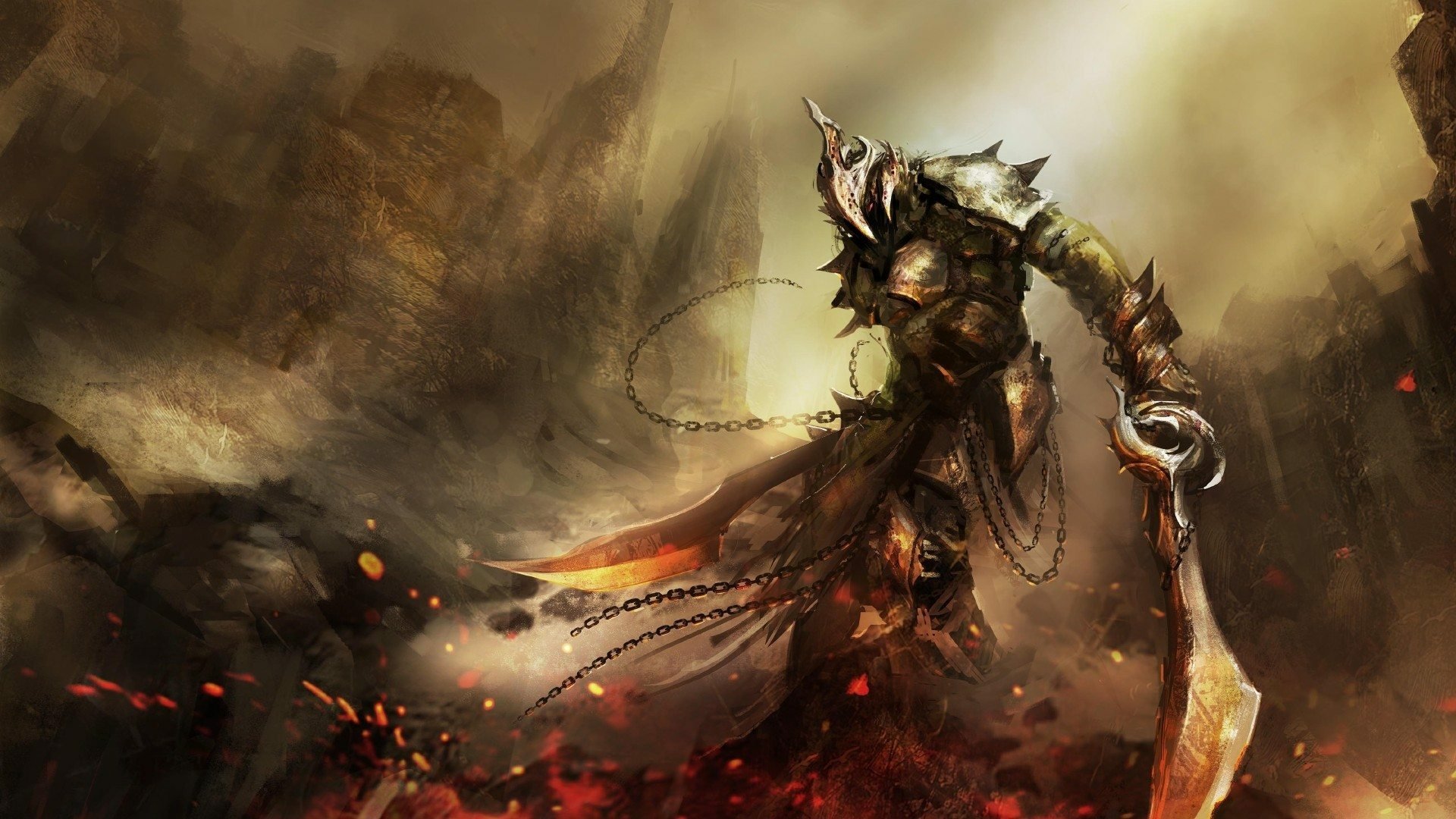 A Dark Souls III HD wallpaper showcasing a dark armored warrior with a large sword surrounded by fire and desolation, evoking themes of battle and fantasy in a video game setting.