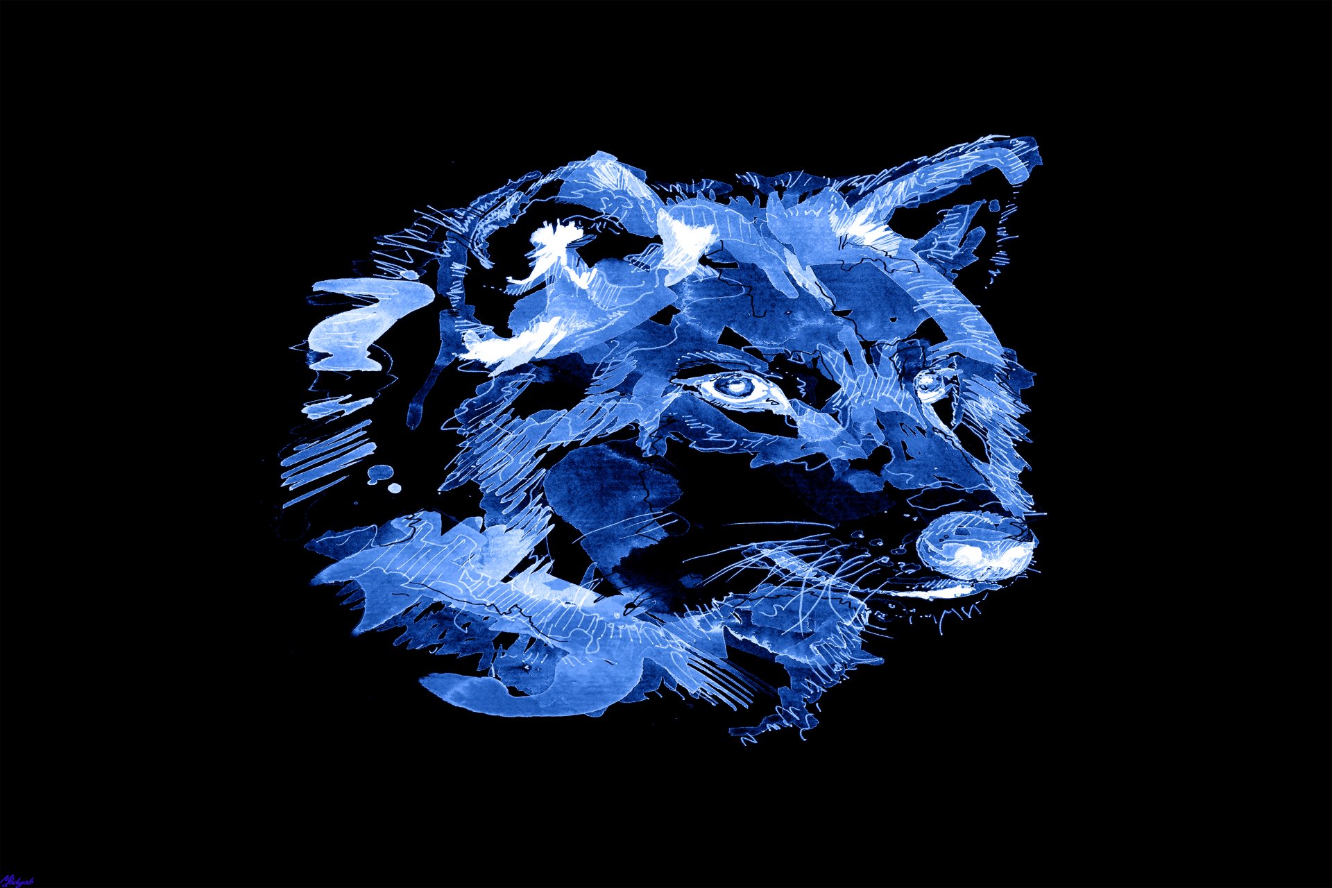 A blue fantasy-style drawing of a wolf's head on a black background, designed as a 4K Ultra HD PC desktop wallpaper.
