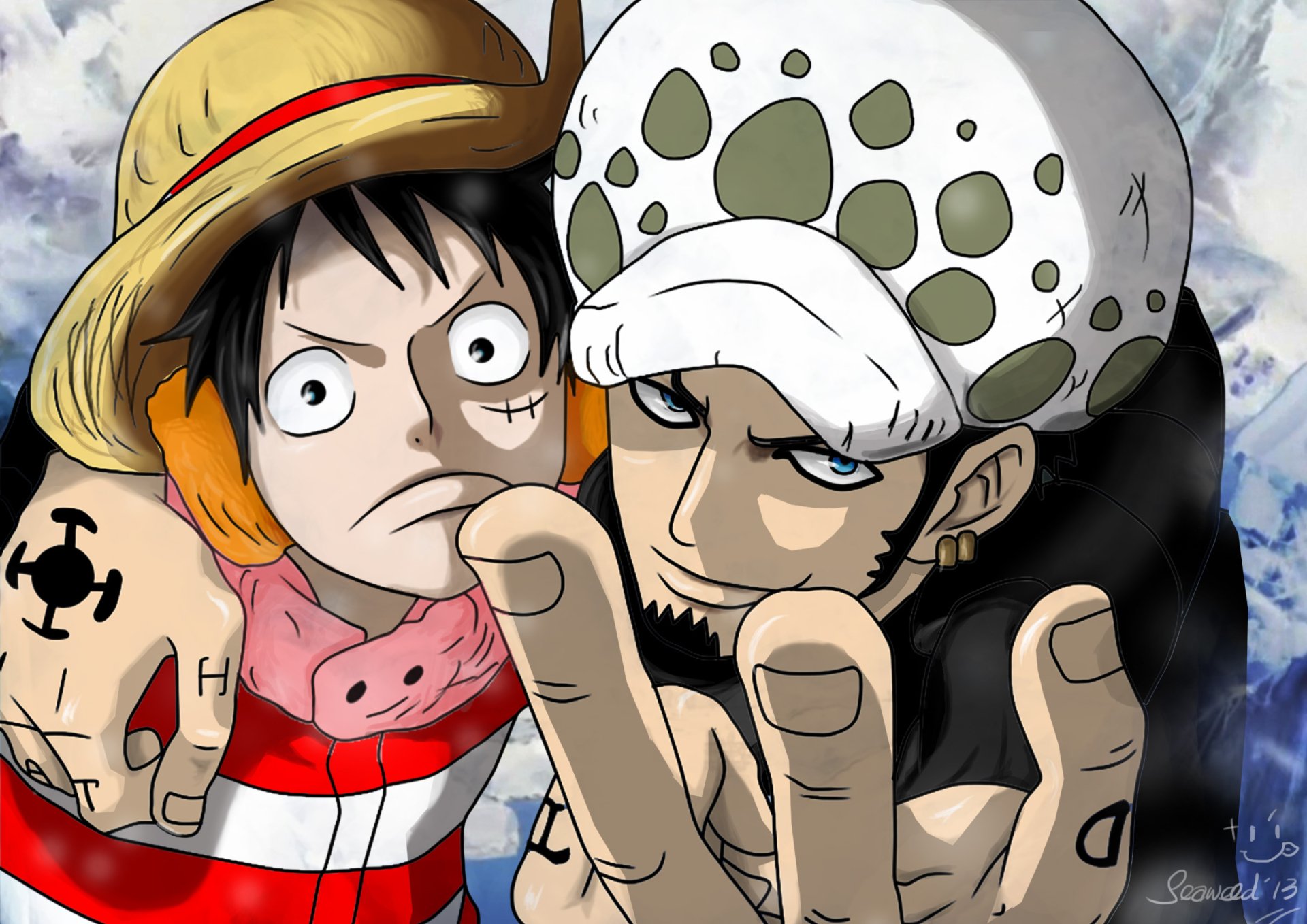HD desktop wallpaper featuring Monkey D. Luffy and Trafalgar Law from the anime One Piece, showcasing their distinctive outfits and expressions.