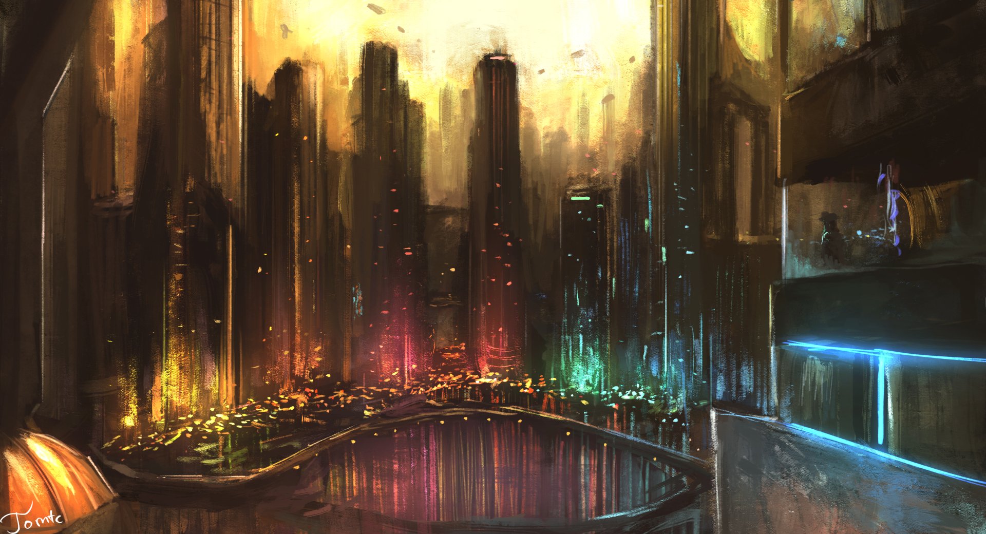 A futuristic sci-fi cityscape with towering skyscrapers glowing in vibrant neon lights, depicted as an HD PC desktop wallpaper and background.