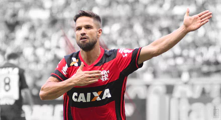 HD desktop wallpaper of a soccer player in Clube de Regatas do Flamengo red-and-black kit, celebrating with hand on chest against a blurred stadium crowd.