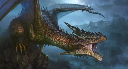 HD fantasy desktop wallpaper featuring a fierce dragon with expansive wings perched on a mountain under a dark, stormy night sky.