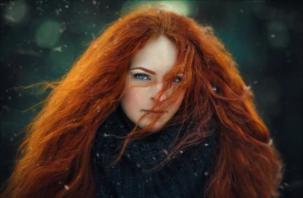 HD desktop wallpaper of a redhead woman with long hair, striking blue eyes, and a focused expression, captured in a close-up portrait style.