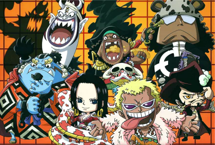 HD desktop wallpaper featuring Jinbe, Marshall D. Teach, Bartholomew Kuma, Dracule Mihawk, Donquixote Doflamingo, and Boa Hancock from the anime One Piece against an orange background.