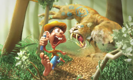 A funny, pencil-style fantasy scene of a child running scared from a saber-toothed tiger in a forest, designed as an HD PC desktop wallpaper background.