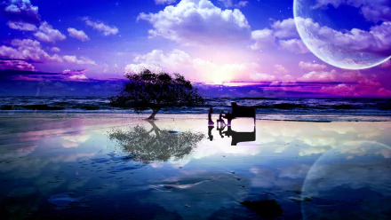 HD anime wallpaper featuring Kousei Arima playing piano by a tree under a vibrant sky with Kaori Miyazono nearby, inspired by Your Lie in April.